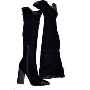 Guess 7.5 Black Velvet Thigh High Heeled Boots LOLO Patent Leather Cap Toe